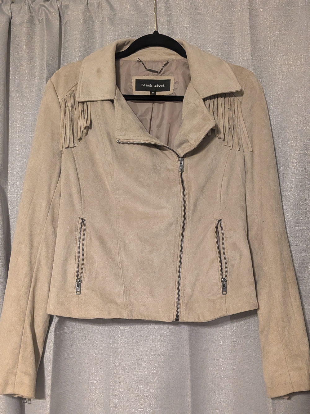 black rivet Women's Beige Suede Fringe Motorcycle Jacket